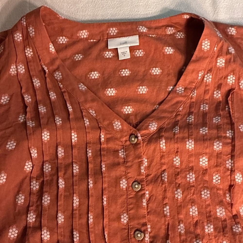 J. Jill Women's Top Tunic Med Orange Peasant Blouse Pintuck‎ Button-up Boho Chic - Picture 3 of 13